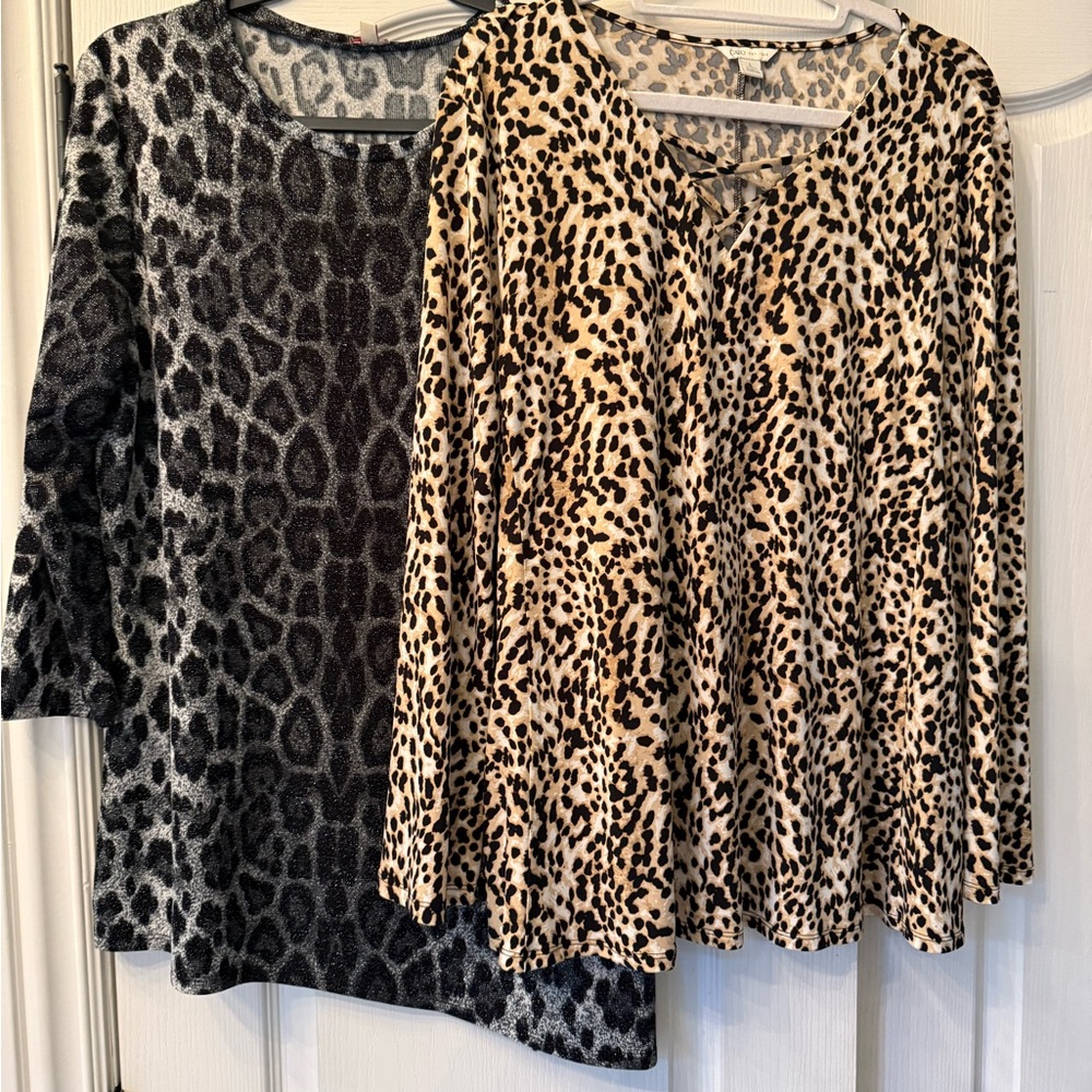 Two Tops Reba and Cato Leopard Print Women's Tops - Black and Tan and Silver